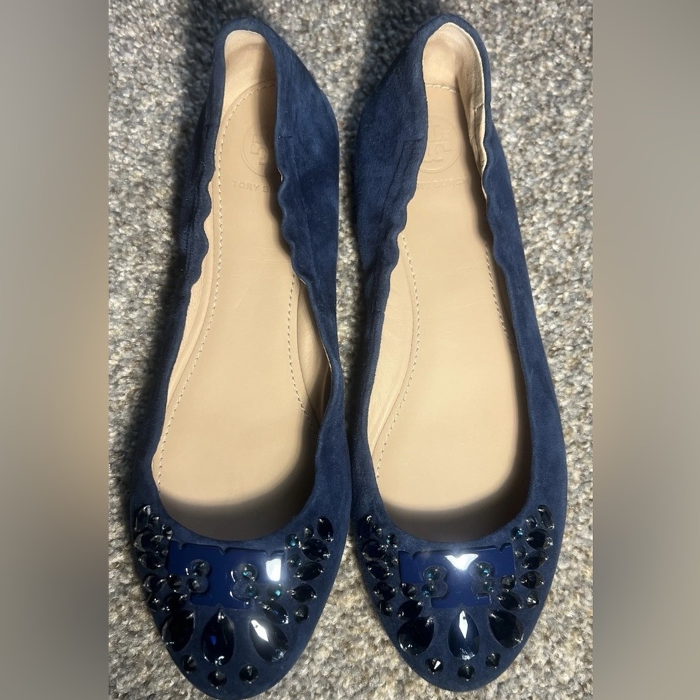Tory Burch Elegant Blue Suede Embellished Women's Flats